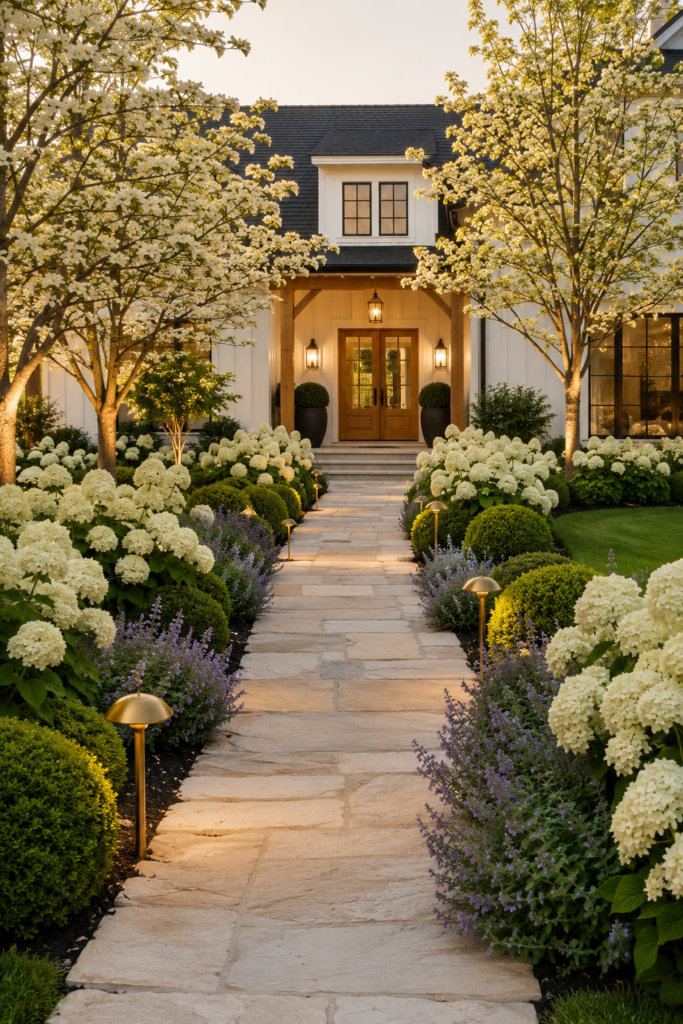 Luxury farmhouse garden path ideas featuring a limestone walkway framed by mature white Limelight hydrangeas and clipped boxwoods.
