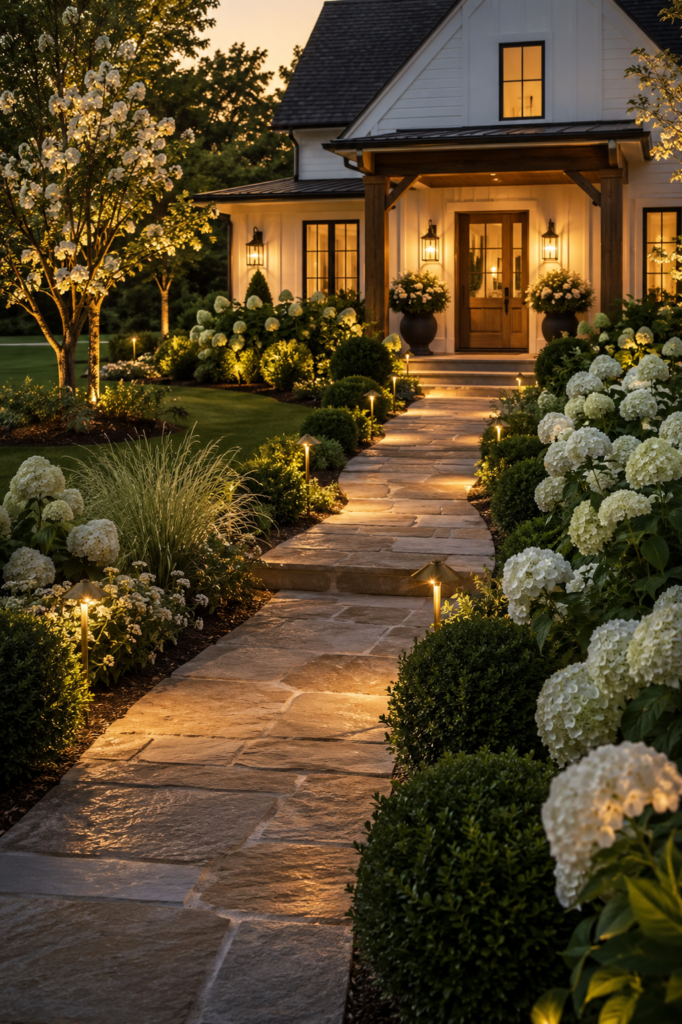 Luxury farmhouse garden path ideas with warm brass landscape lighting, limestone walkway, white hydrangeas, and elegant evening curb appeal.