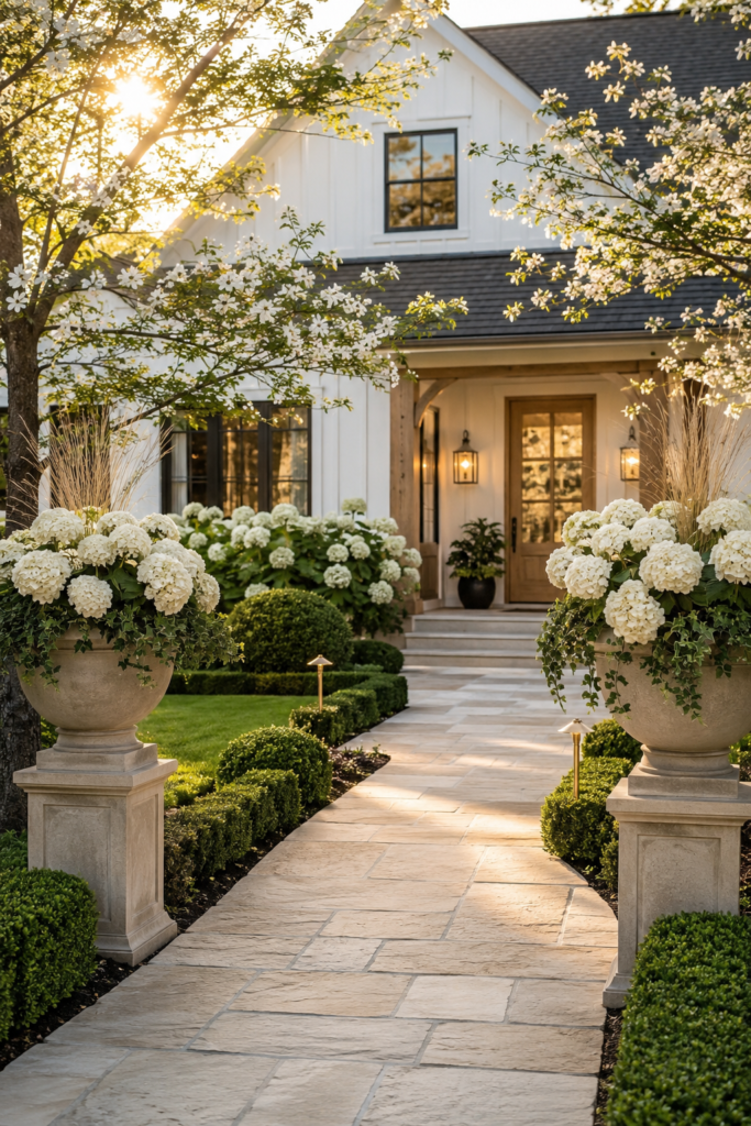 Luxury farmhouse garden path ideas featuring oversized cast stone garden urns filled with white hydrangeas beside a limestone walkway.