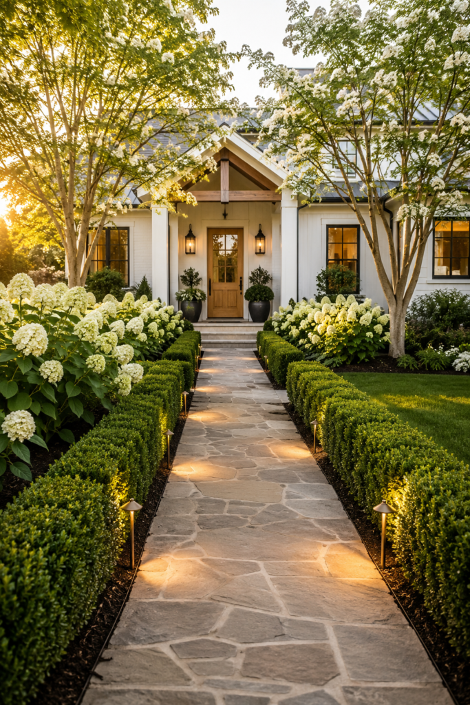 Luxury farmhouse garden path ideas featuring clipped boxwood hedges lining a natural limestone walkway with white hydrangeas.