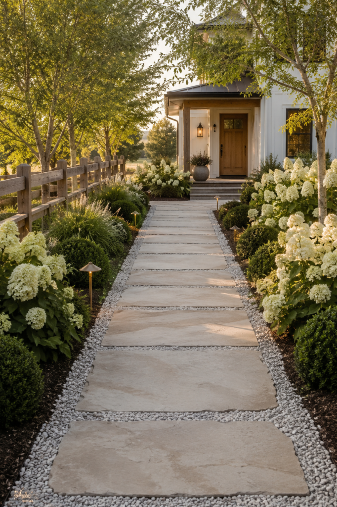 Luxury farmhouse garden path ideas featuring a limestone walkway with decorative gravel, white hydrangeas, and clipped boxwoods.