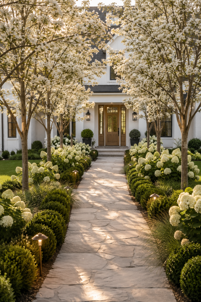 Luxury farmhouse garden path ideas featuring flowering white dogwood trees lining a limestone walkway with hydrangeas and boxwoods.