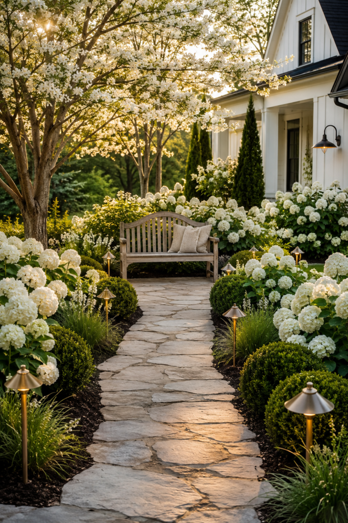 Luxury farmhouse garden path ideas featuring a weathered teak garden bench surrounded by white hydrangeas beside a limestone walkway.