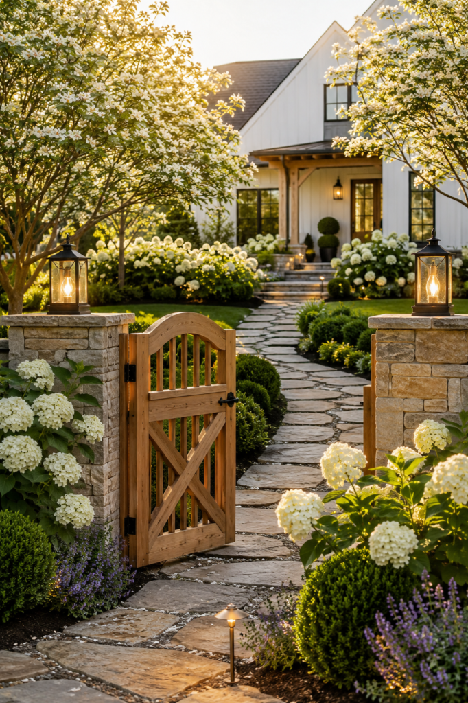 Luxury farmhouse garden path ideas featuring a natural cedar garden gate leading to a limestone walkway with hydrangeas and flowering dogwood trees.