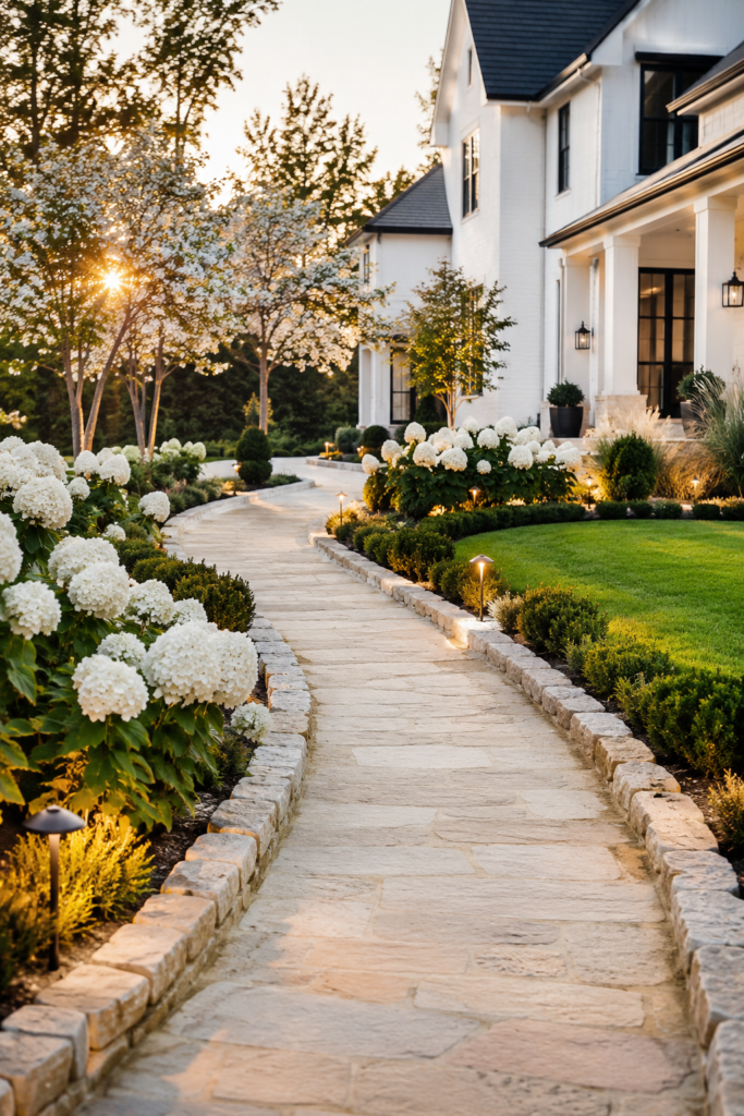 Luxury farmhouse garden path ideas featuring a limestone walkway with natural stone edging, white hydrangeas, and clipped boxwoods.