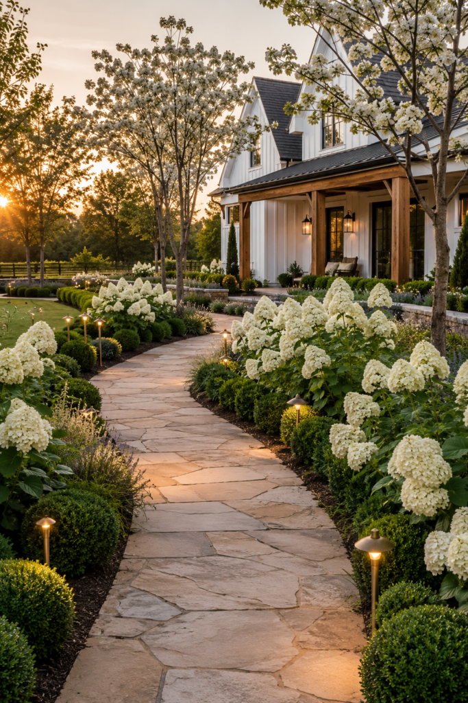 Luxury farmhouse garden path with sweeping drifts of white Limelight hydrangeas, repeating boxwoods, and a natural limestone walkway.