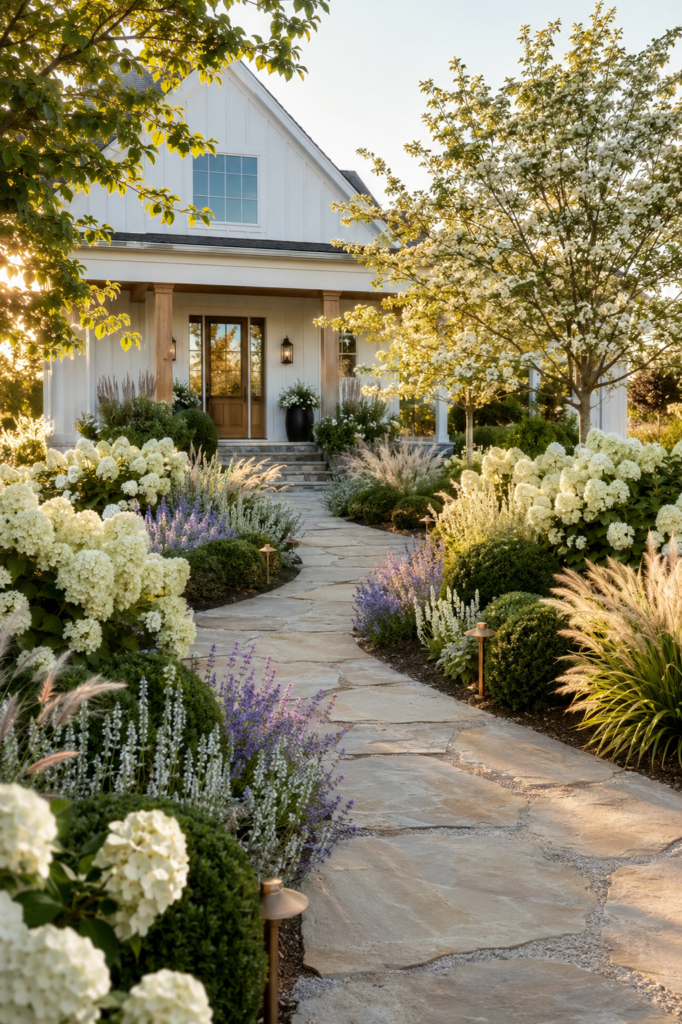Luxury farmhouse garden path with layered perennial flowers, white hydrangeas, catmint, ornamental grasses, and a natural limestone walkway.