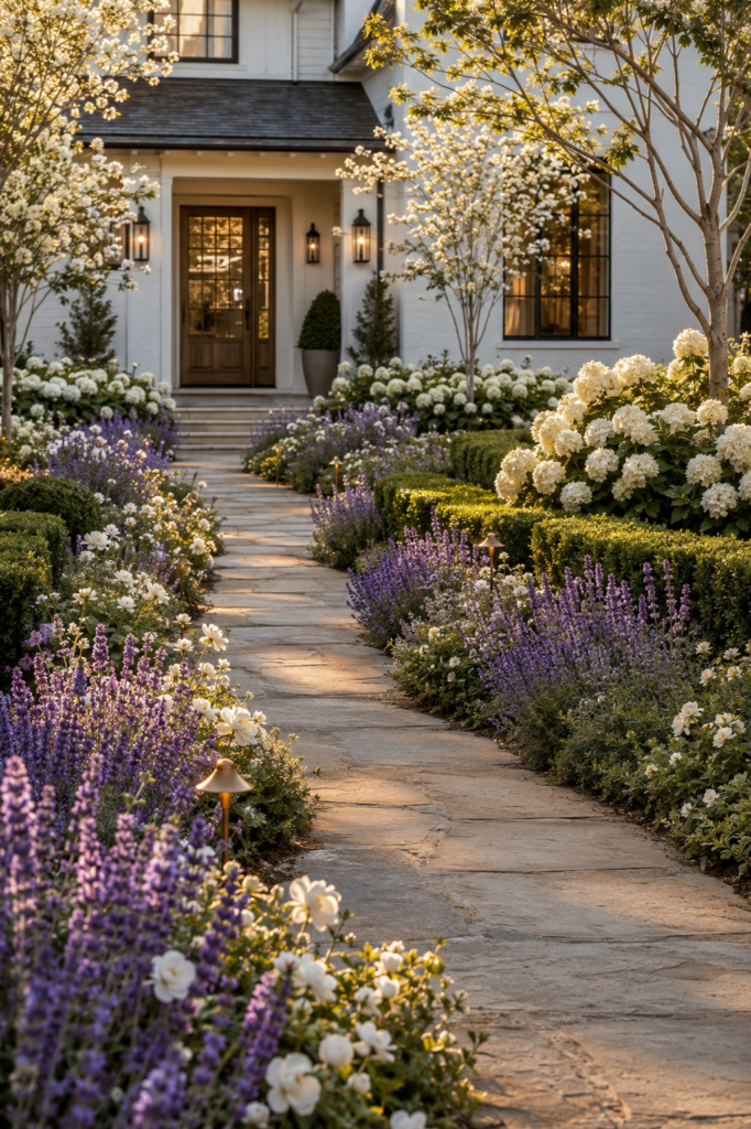 Luxury farmhouse garden path featuring fragrant lavender, white roses, hydrangeas, and a natural limestone walkway.