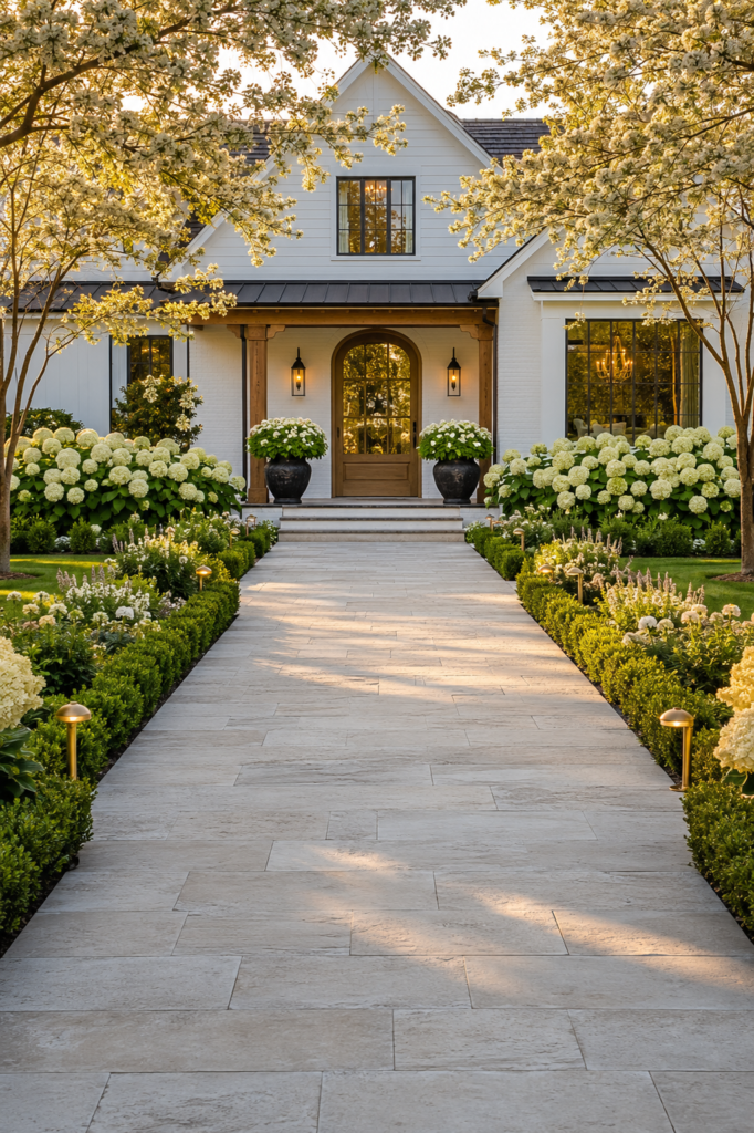 Luxury farmhouse garden path featuring a wide limestone walkway bordered by hydrangeas, boxwoods, and flowering dogwood trees.