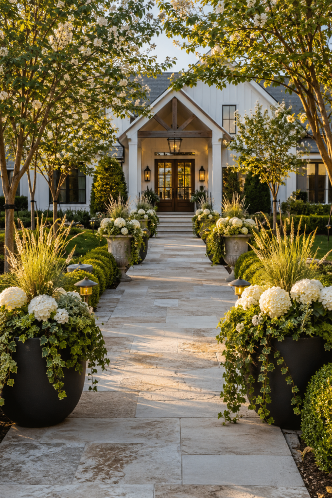 Luxury farmhouse garden path featuring oversized seasonal planters with white hydrangeas, ivy, and ornamental grasses beside a limestone walkway.