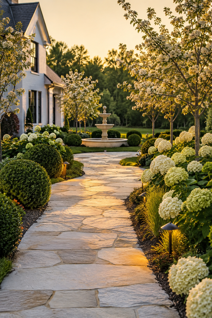 Luxury farmhouse garden path featuring a cast stone fountain focal point surrounded by hydrangeas, boxwoods, and a natural limestone walkway.