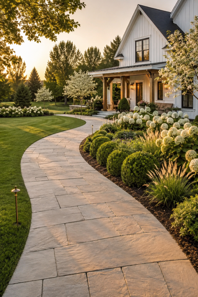Luxury farmhouse garden path featuring a wide limestone walkway balanced by open lawn, white hydrangeas, boxwoods, and flowering dogwood trees.
