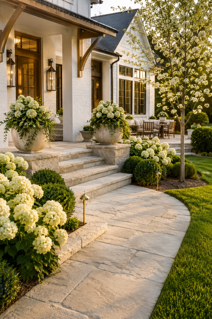 Luxury farmhouse garden path featuring matching limestone walkways, stone steps, hydrangeas, and coordinated landscape materials.
