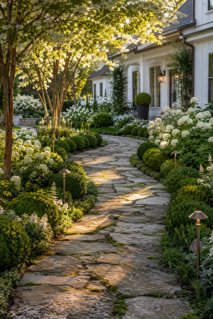 Luxury farmhouse garden path featuring mature limestone walkways, established hydrangeas, flowering dogwood trees, and timeless layered landscaping.
