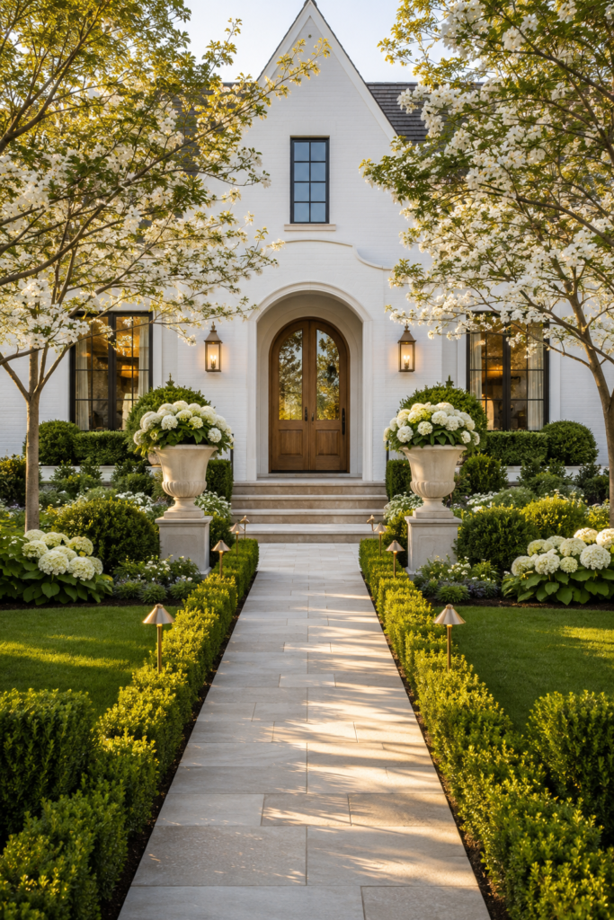Luxury farmhouse garden path featuring a symmetrical limestone walkway with matching planters, white hydrangeas, and clipped boxwoods.