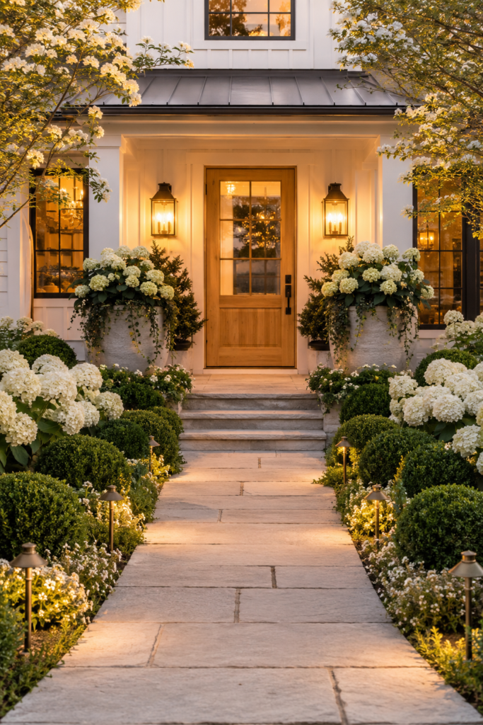 Luxury farmhouse garden path ending at a white oak front door with oversized planters, hydrangeas, lantern lighting, and a limestone walkway.