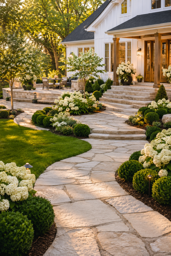 Luxury farmhouse garden path connecting seamlessly to limestone front steps and patio with layered landscaping and white hydrangeas.