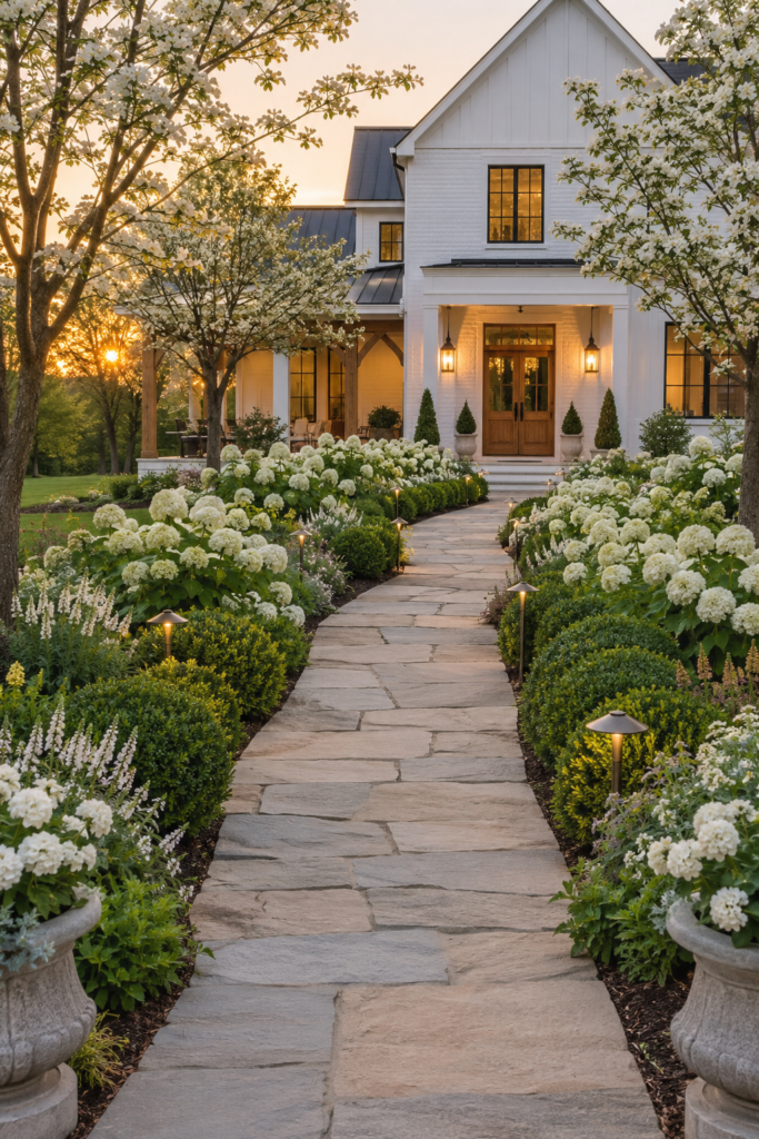 Luxury farmhouse garden path with a limestone walkway, mature hydrangeas, flowering dogwood trees, elegant landscape lighting, and a welcoming white oak front entrance.