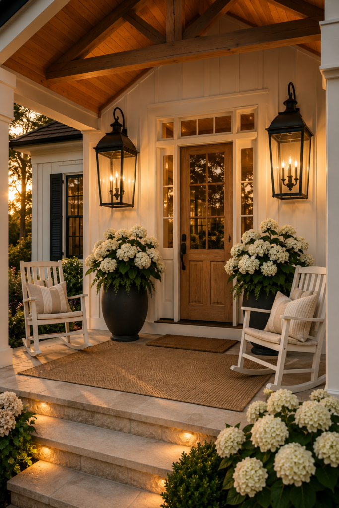 Luxury farmhouse front porch with oversized black lanterns, cedar ceiling, natural oak front door, white hydrangeas, and cream rocking chairs.
