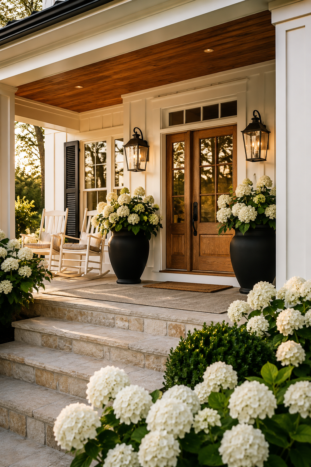 Luxury farmhouse front porch with oversized black planters, white hydrangeas, cedar ceiling, and welcoming front entry.