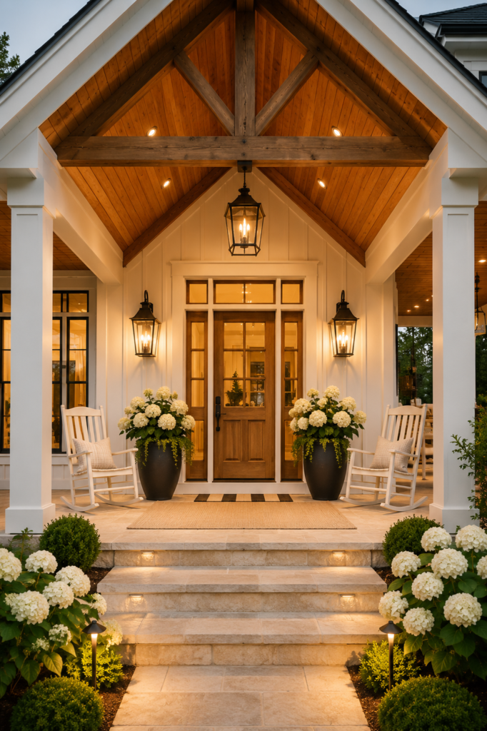 Luxury Farmhouse Front Porch Ideas featuring a white modern farmhouse with cedar ceiling, natural wood front door, black lanterns, limestone steps, and white hydrangeas.