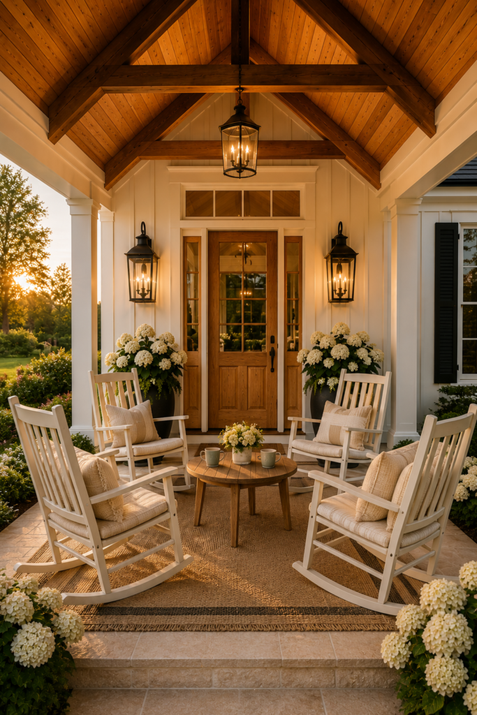 Luxury white farmhouse front porch with a natural white oak front door, black lantern sconces, cedar ceiling, limestone steps, and white hydrangeas.