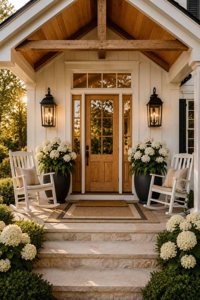 Luxury farmhouse front porch with natural wood front door, black lanterns, cedar ceiling, white hydrangeas, and cream rocking chairs.