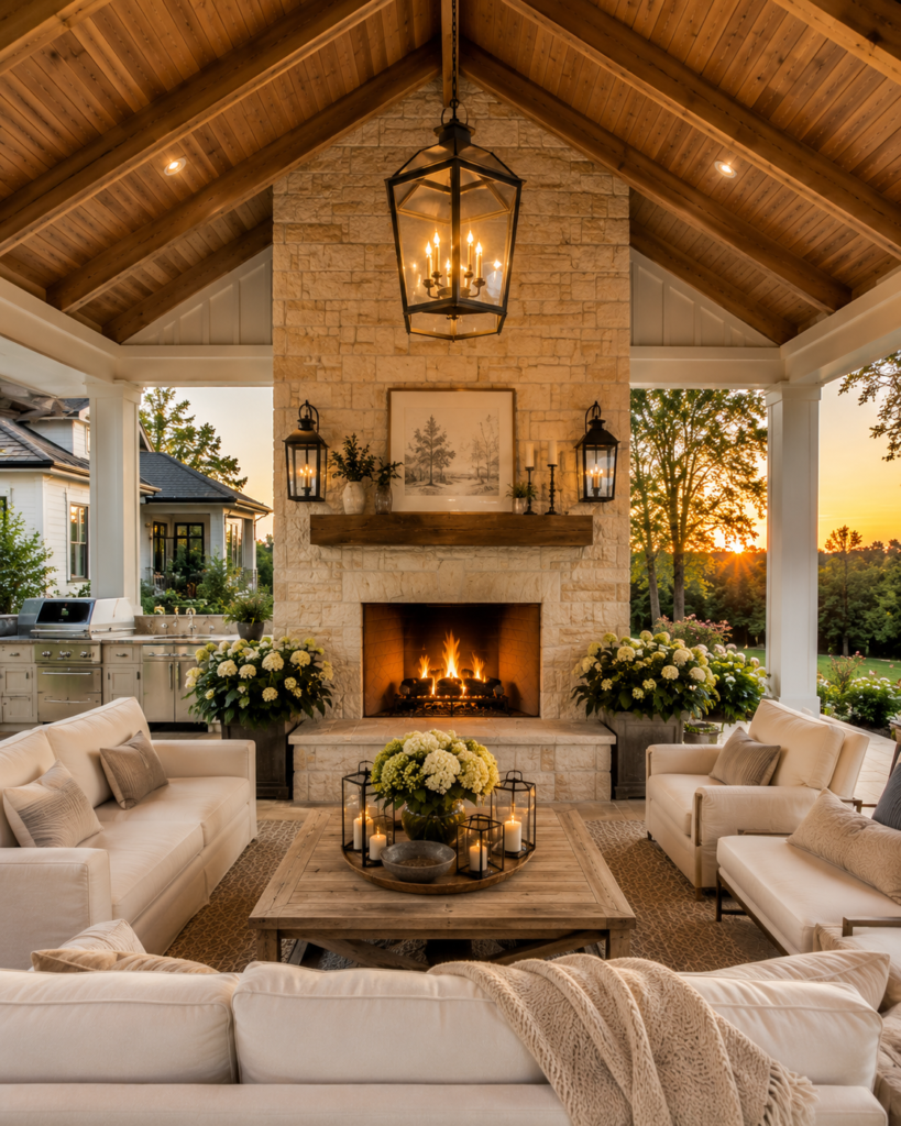 Luxury covered patio featuring a floor-to-ceiling limestone fireplace and cream outdoor furniture.
