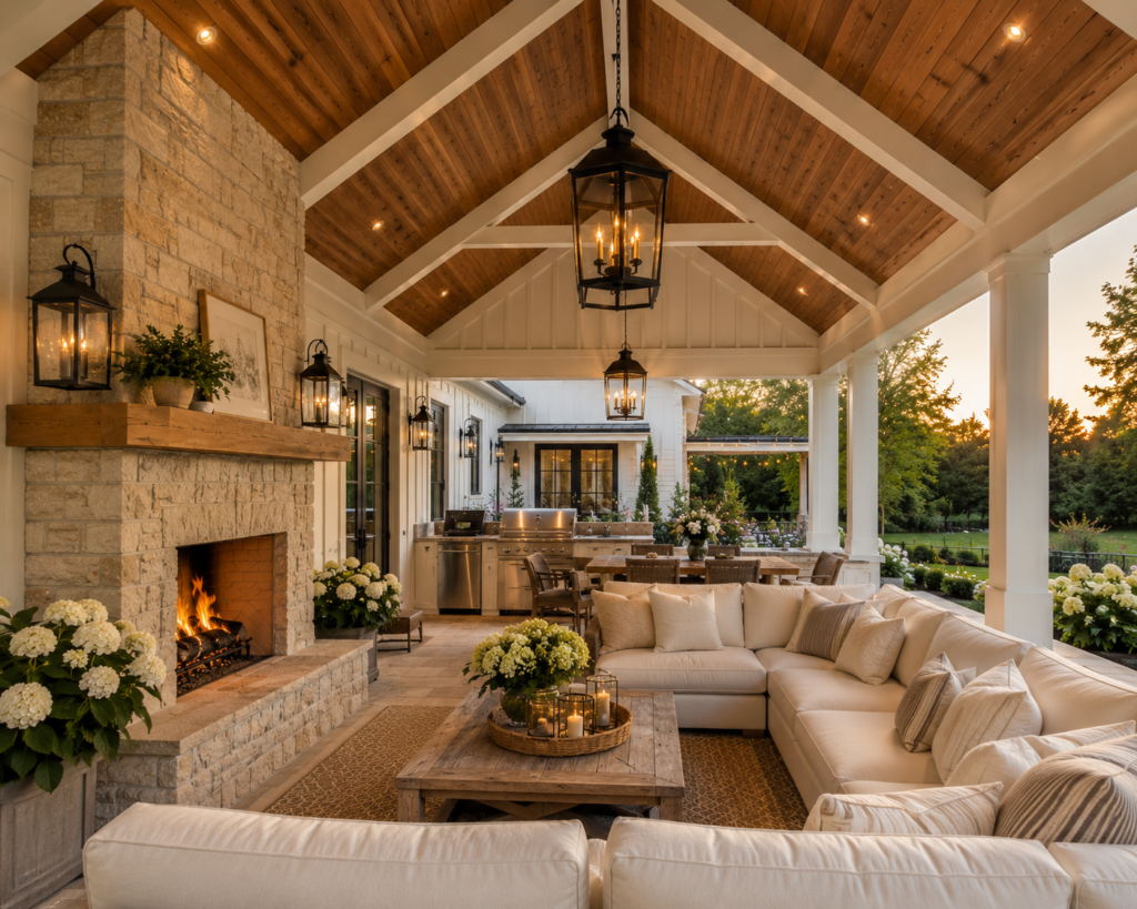 Luxury covered patio with a vaulted cedar tongue-and-groove ceiling and exposed wood beams.