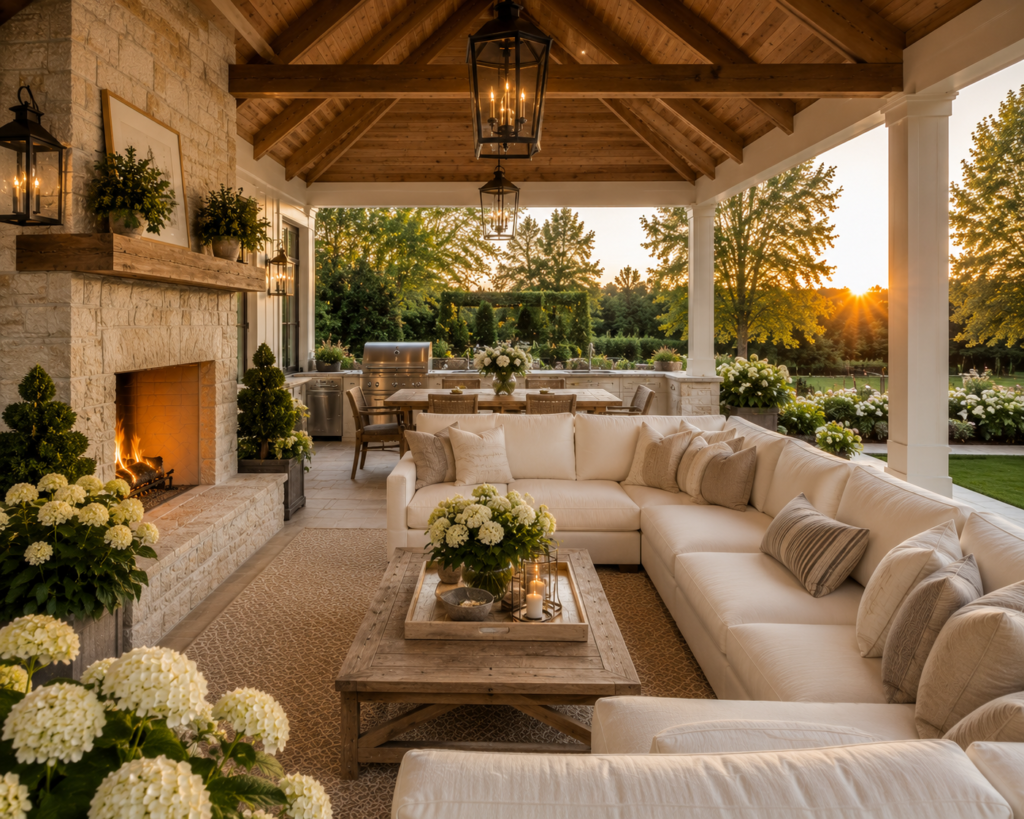 Luxury covered patio with an oversized cream outdoor sectional and farmhouse coffee table.