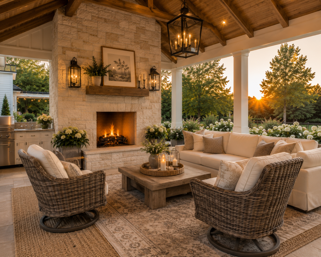 Luxury farmhouse covered patio with woven swivel chairs facing a limestone fireplace.