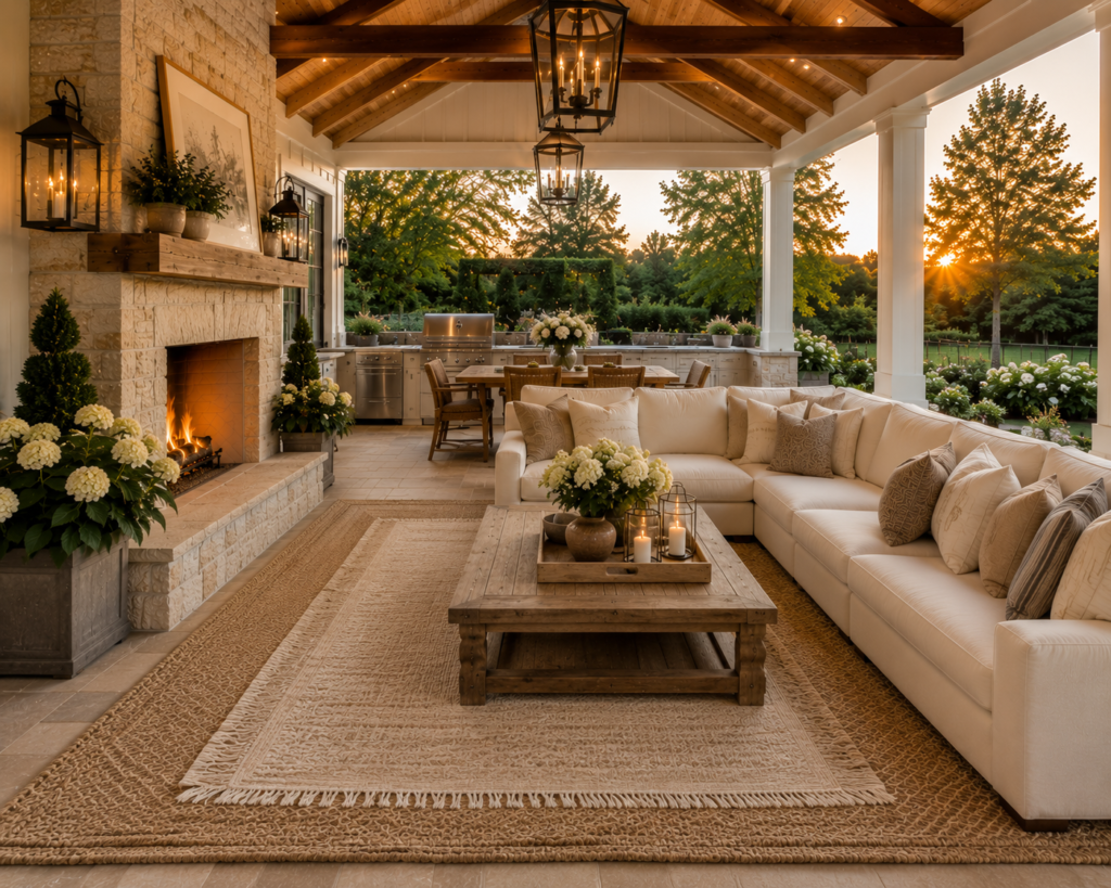 Luxury covered patio with layered neutral outdoor rugs beneath a cream sectional.