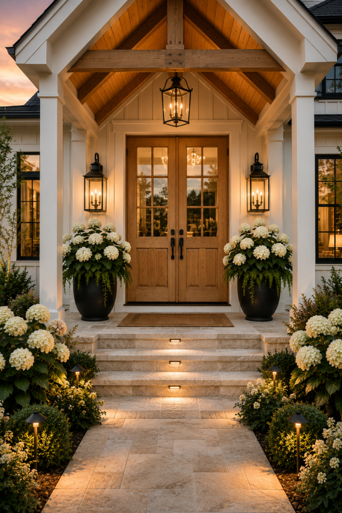 Luxury white farmhouse front porch with double natural wood front doors, vaulted cedar ceiling, oversized black lanterns, limestone steps, and white hydrangeas.