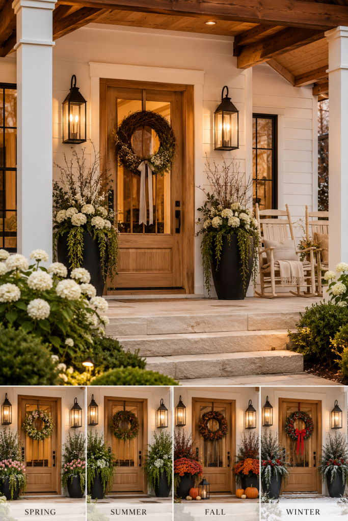 Luxury white farmhouse front porch styled with timeless décor that transitions beautifully through every season.