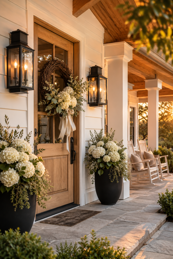 Luxury white farmhouse front porch with an oversized grapevine wreath, cedar ceiling, black lanterns, white hydrangeas, and natural wood front door.