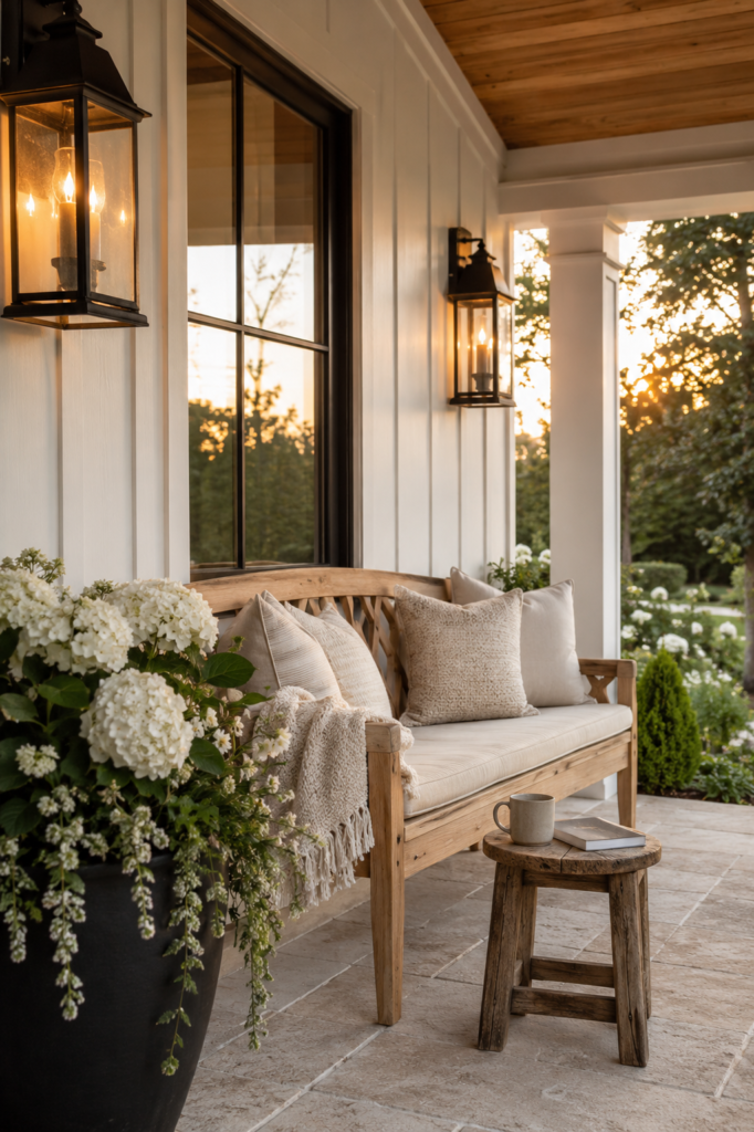 Luxury white farmhouse front porch with oversized hanging ferns, cedar ceiling, white columns, cream rocking chairs, and white hydrangeas.