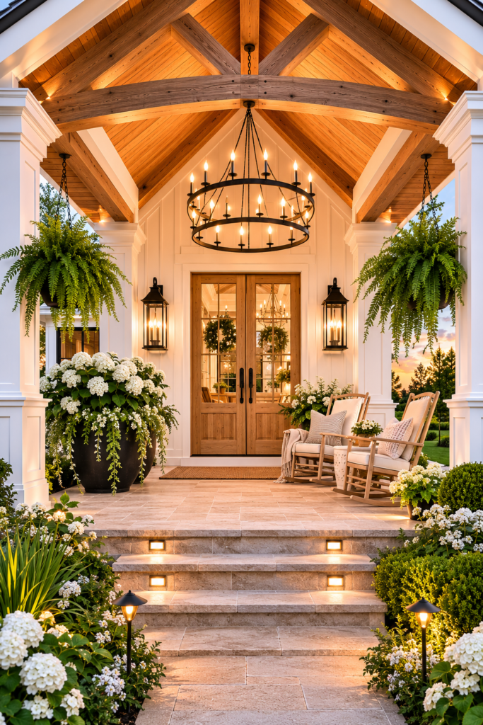 Luxury white farmhouse front porch with an oversized black chandelier, vaulted cedar ceiling, natural wood front door, cream rocking chairs, and white hydrangeas.