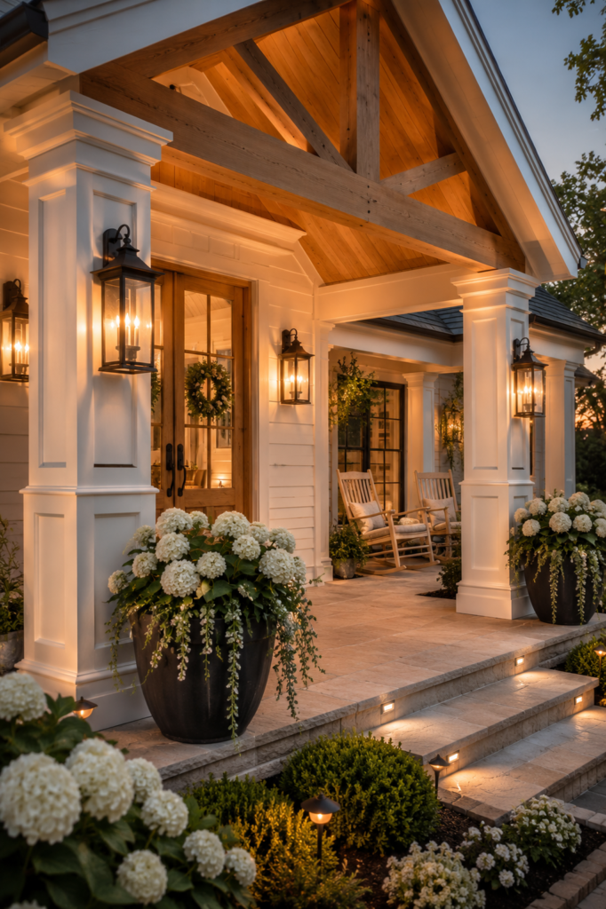 Luxury white farmhouse front porch with chunky square columns, vaulted cedar ceiling, natural wood door, black lanterns, and white hydrangeas.