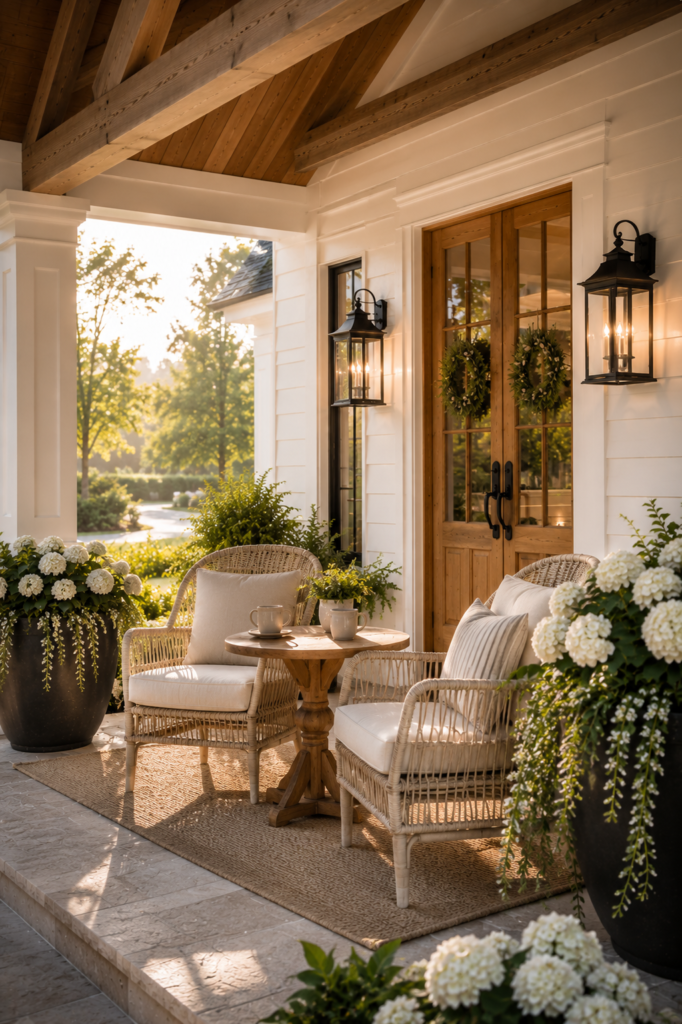 Luxury white farmhouse with black window boxes overflowing with white flowers, cedar ceiling, limestone porch, and warm evening light.