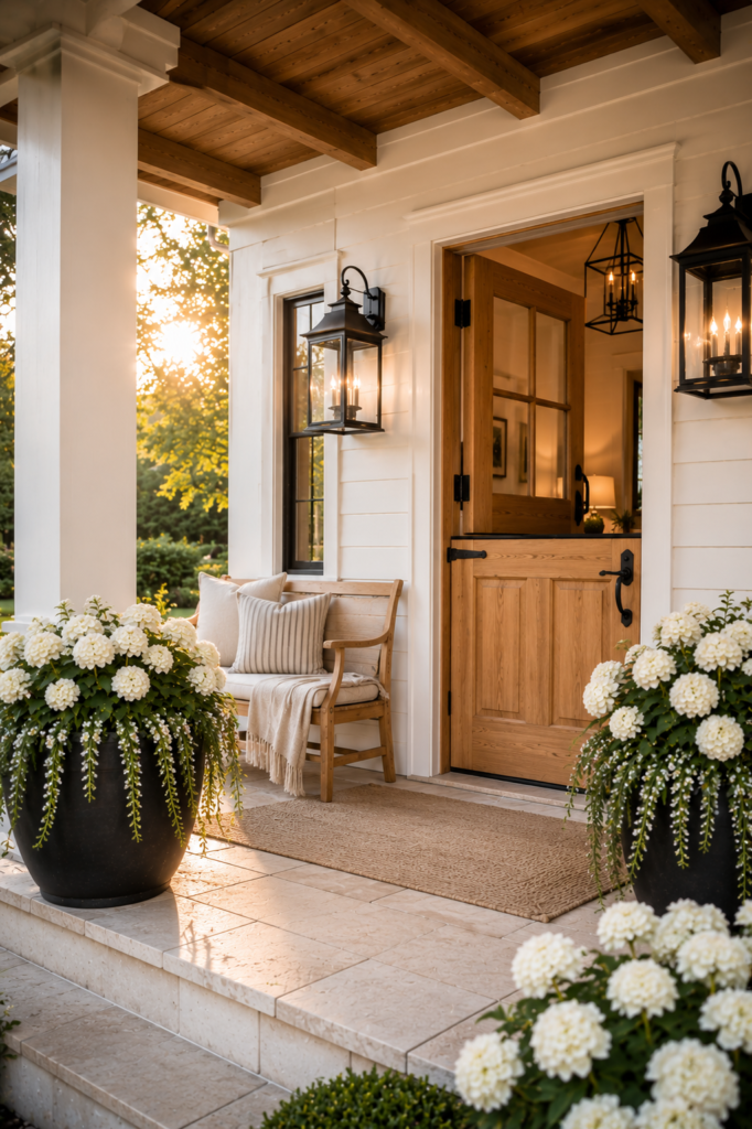 Luxury white farmhouse front porch with a natural wood Dutch door, cedar ceiling, black lanterns, white hydrangeas, and limestone flooring.