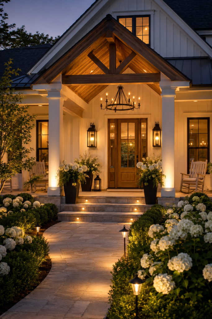 Luxury white farmhouse front porch illuminated with layered warm lighting, black lanterns, cedar ceiling, limestone steps, and white hydrangeas at twilight.