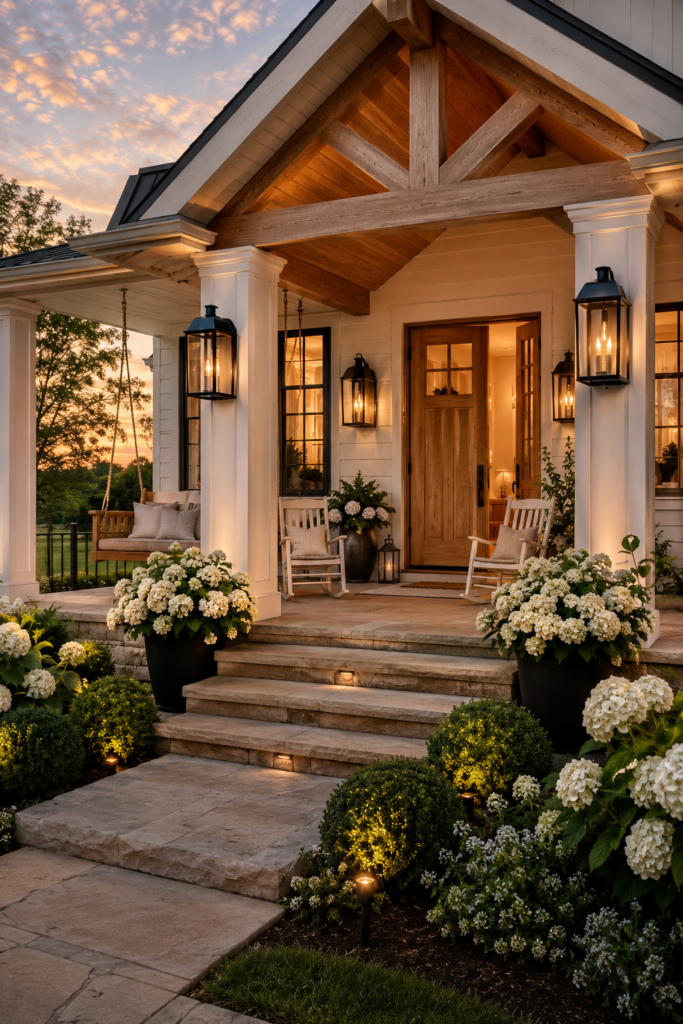 Luxury white farmhouse front porch at sunset with glowing lanterns, cedar ceiling, rocking chairs, porch swing, white hydrangeas, and warm welcoming light.