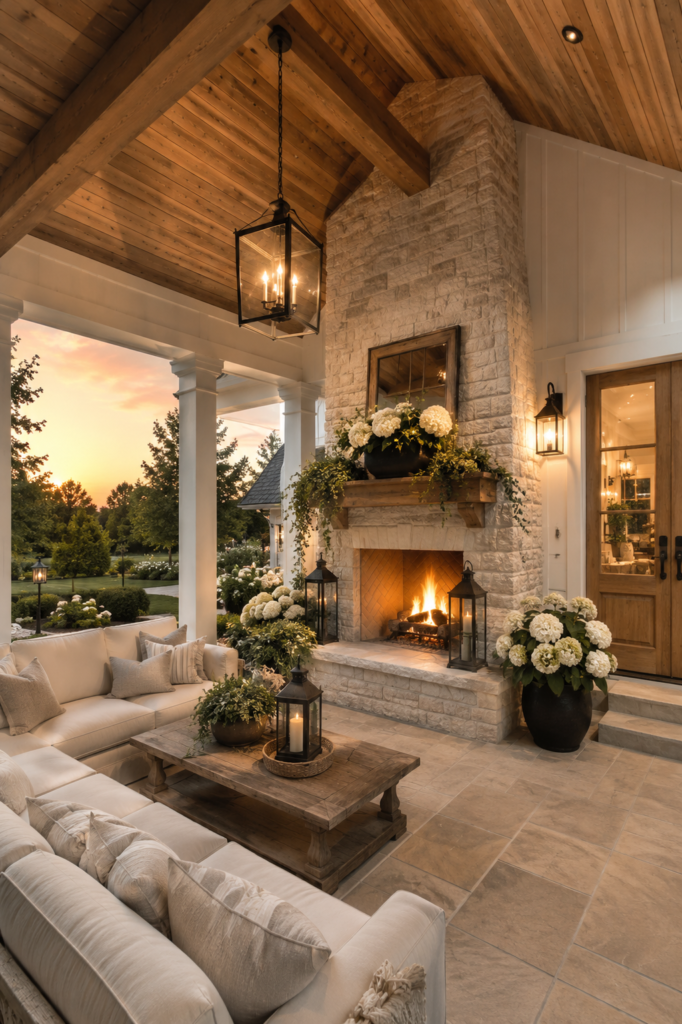 Luxury white farmhouse front porch featuring a natural limestone fireplace, cream outdoor sectional, cedar ceiling, white columns, and glowing evening lighting.