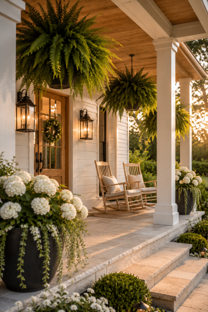 Luxury white farmhouse front porch with oversized hanging ferns, cedar ceiling, white columns, cream rocking chairs, and white hydrangeas.