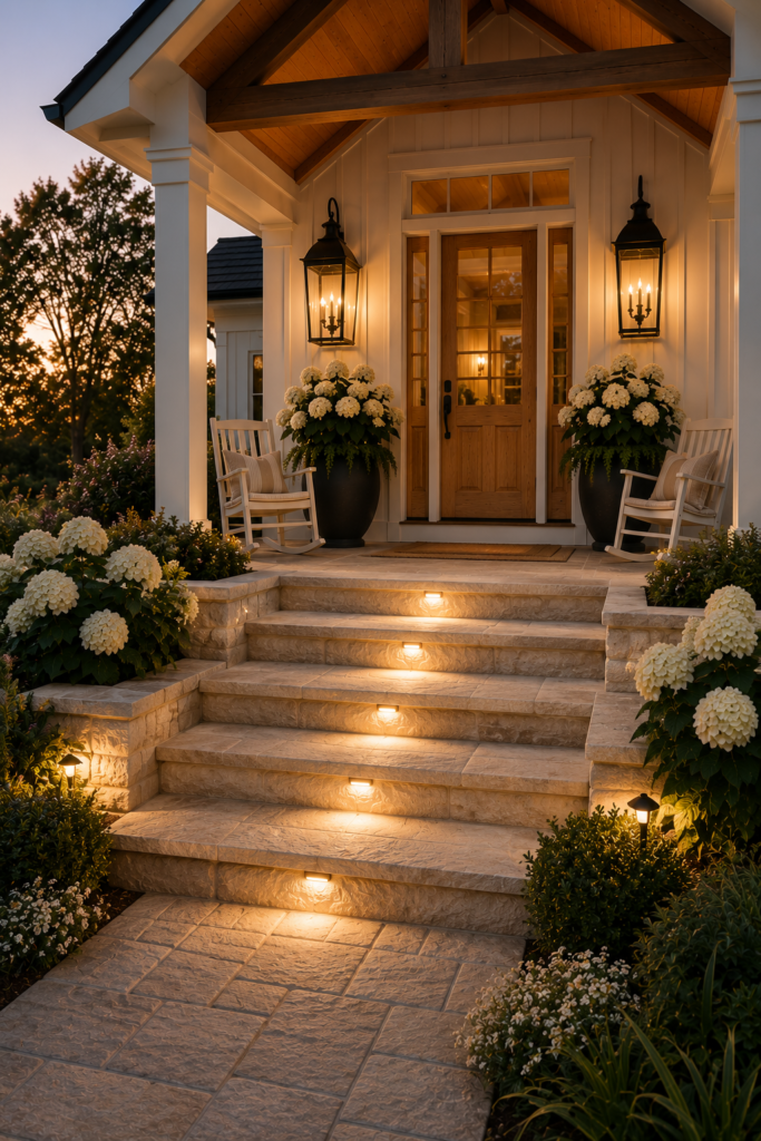 Luxury white farmhouse front porch with wide limestone steps, warm integrated lighting, natural wood door, black lanterns, and white hydrangeas.
