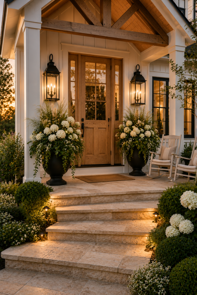 Luxury white farmhouse front porch with oversized black planters filled with white hydrangeas and cascading greenery beside a natural wood front door.