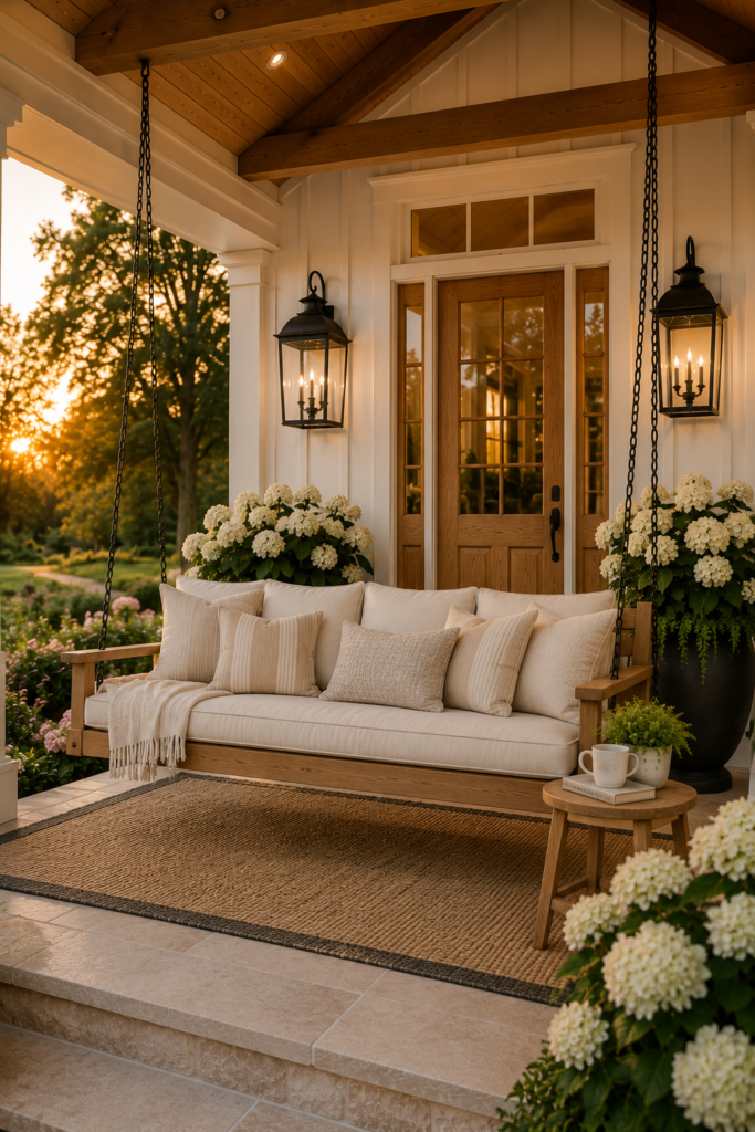 Luxury white farmhouse front porch with a natural wood porch swing, cream cushions, cedar ceiling, black lanterns, and white hydrangeas.