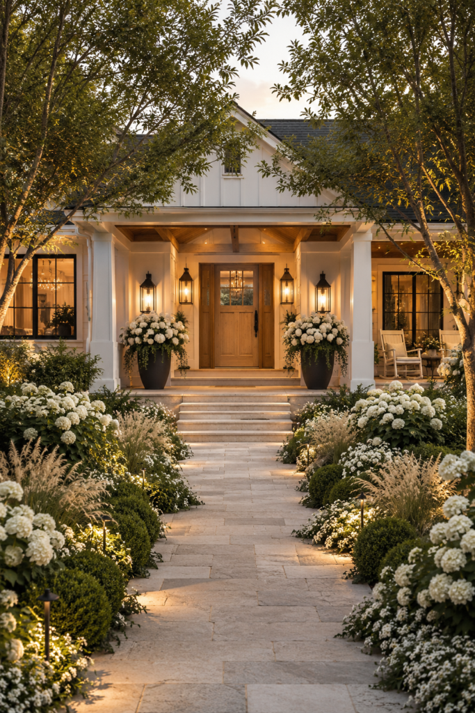 Luxury white farmhouse with mature trees, layered white hydrangeas, limestone walkway, cedar porch ceiling, and elegant landscaping.