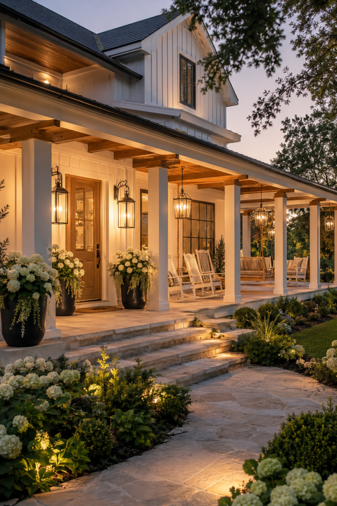 Luxury white modern farmhouse with a wide wraparound front porch, white columns, cedar ceiling, cream rocking chairs, black lanterns, and white hydrangeas.