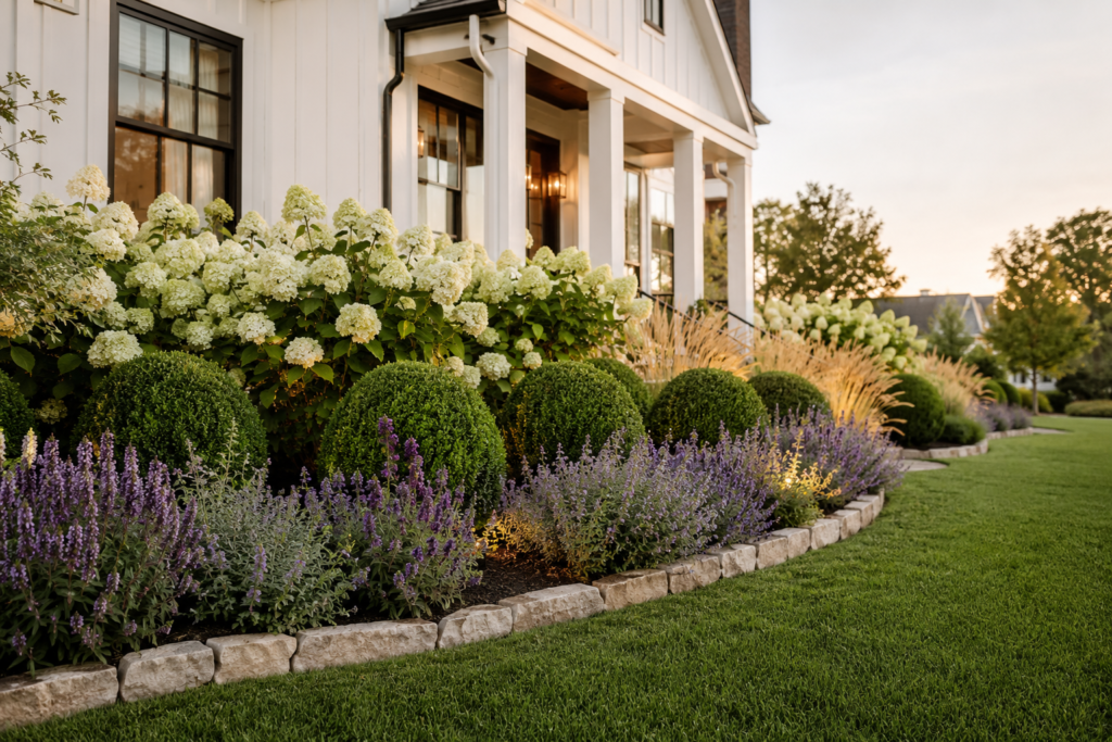 Luxury farmhouse flower bed with white hydrangeas, boxwoods, lavender, and catmint along natural stone edging
